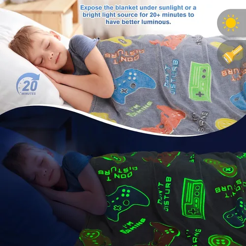 Miniatura 2 de Manta de Juego para Regalos de Niños - Gamer de Controlador de Juego que Brilla en la Oscuridad para Niños de 1 a 14 Años, Adolescentes, Niños Gris