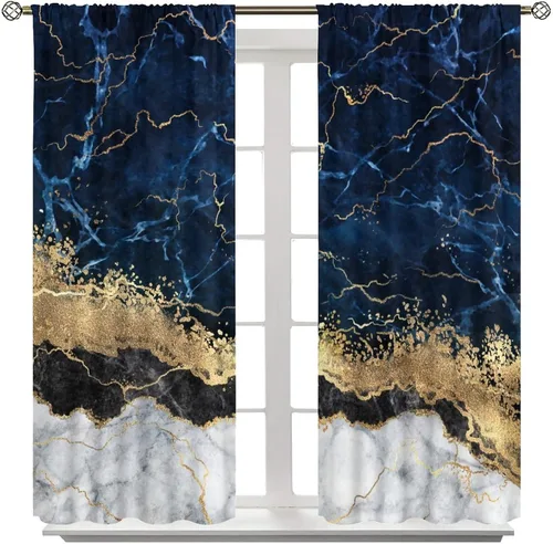 Miniatura 8 de Cortinas abstractas de mármol de lujo de lujo azul marino dorado a rayas con patrón de mármol estampado para dormitorio, sala de estar, cortinas
