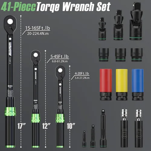 Miniatura 2 de Juego de llave dinamométrica, kit de 41 piezas con transmisión de 1/4, 3/8, 1/2, con zócalos y extensiones, precisión de ±3%, doble escala, acero