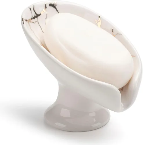 Jabonera, soporte de jabón de cerámica, soporte para jabonera autodrenante, soporte para barra de jabón en forma de hoja (blanco)