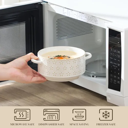 Miniatura 4 de MALACASA Juego de 4 cuencos de cerámica de 20 oz con asas – Cuencos de sopa de cebolla francesa aptos para horno y microondas, patrones únicos