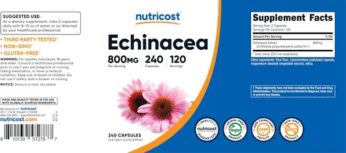 Miniatura 5 de Nutricost Echinacea 800 mg, 240 cápsulas, 2 botellas, tapas vegetarianas, sin OMG, sin gluten, 120 porciones