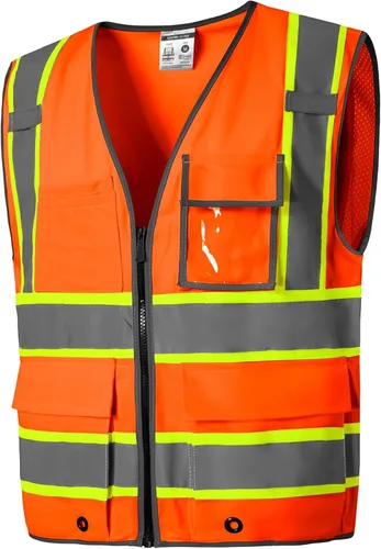 Miniatura 7 de SKSAFETY Chaleco de seguridad de nivel profesional con 10 bolsillos, chaleco de alta visibilidad clase 2 con cremallera, chaleco de alta visibilidad