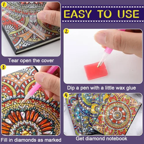 Miniatura 3 de Ctosree Juego de 4 cuadernos de arte de diamantes para adultos, adolescentes, mandala, pintura de diamante, diarios forrados, 5D, puntos de gema 5D