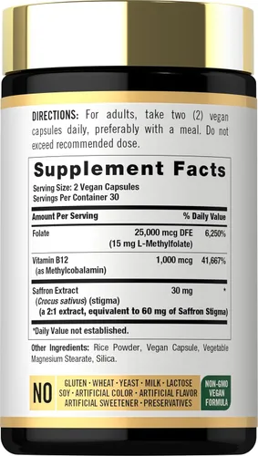 Miniatura 2 de Carlyle L Metilfolato de 15 mg 60 cápsulas con metilo B12 y azafrán Vegano, sin OMG, suplemento sin gluten por Opti-Folate