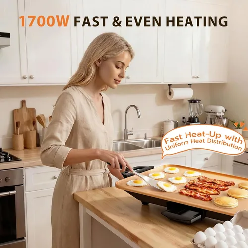 Miniatura 3 de CookSimple Everyday - Plancha eléctrica de 20"x12", superficie cerámica PPG antiadherente de 1700W, diseño plano grande, perfecto para comidas