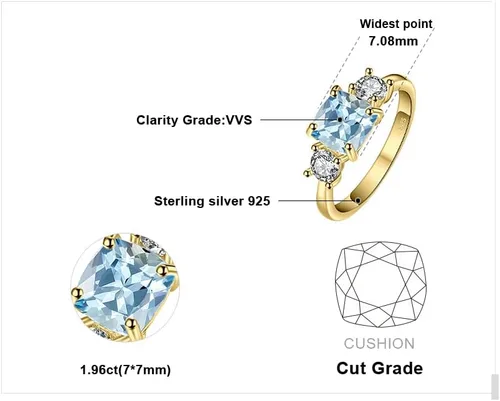 Miniatura 2 de JewelryPalace Anillo de compromiso de plata de ley 925 de topacio azul genuino de 2.6 quilates de corte cojín para ella, de oro blanco de 14