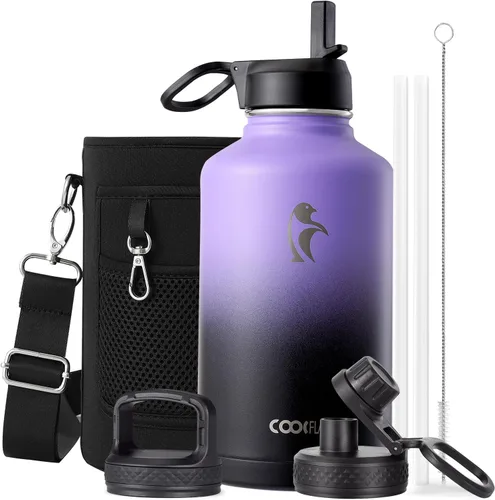 Miniatura 120 de Coolflask Botella de agua de 20 onzas aislada con pajilla, 3 tapas de metal de acero inoxidable, botella de agua de boca ancha para deportes u