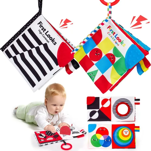 hahaland Libros para bebés de 0 a 6 meses – 2 piezas de juguetes para bebés de 0 a 19.7 ft de tiempo boca abajo, juguetes para recién nacidos,