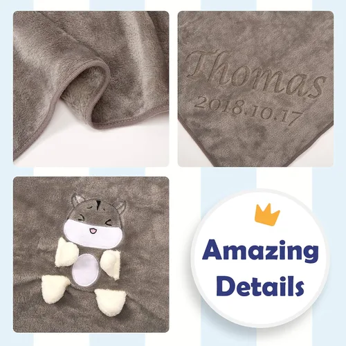Miniatura 6 de Cobija de franela personalizada para bebé unisex con animalito de adorno, cobertor de seguridad para recién nacidos, regalo para bebé con su nombre