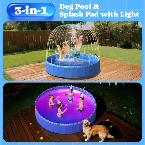 Miniatura 2 de Piscina plegable para perros con aspersor, luz LED RGB, 160 cm, piscina de plástico duro plegable para niños, piscina de chapoteo para perritos
