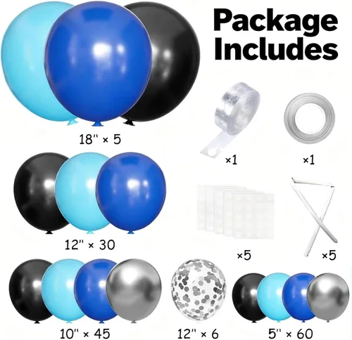 Miniatura 2 de Kit de arco de globos, 146 globos negros, azules, plateados, blancos, de 18, 12, 10, 5 pulgadas, globos de diferentes tamaños para cumpleaños
