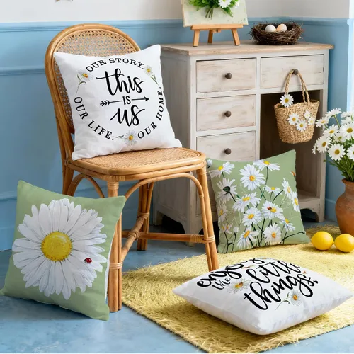 Miniatura 3 de Hexagram Juego de 4 fundas de almohada de primavera y verano de 16 x 16 pulgadas, diseño de margaritas florales para exteriores, funda de cojín azul