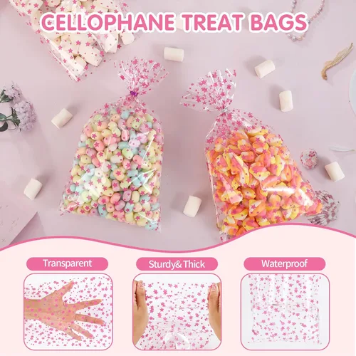 Miniatura 3 de COQOFA 100 Piezas Bolsas de Estrella Rosa de 7"X12" para Envolver Regalos, Bolsas de Celofán Cello, Bolsas de Dulces para Fiestas, Bolsas de Favor