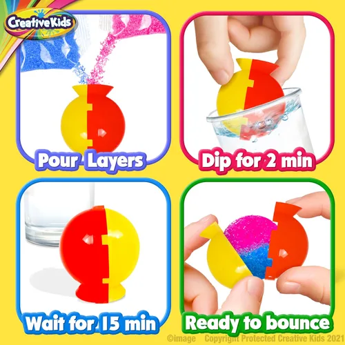 Miniatura 2 de Creative Kids Magic Bouncy Balls – Juguetes STEM DIY – Kit de ciencia para niños – 25 bolsas multicolor y 5 moldes para hasta 43 bolas Edición