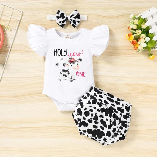 Miniatura 20 de Conjunto de ropa para bebé niña de 1er cumpleaños con mangas con volantes + pantalones cortos estampados + diadema para tartas