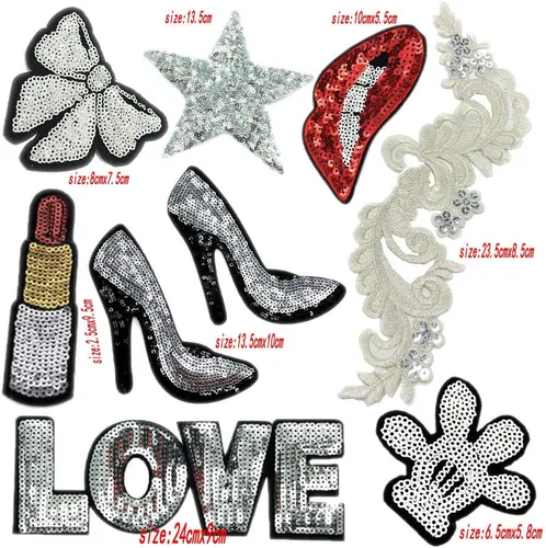 Miniatura 2 de 9 parches bordados plateados, lápiz labial, flor para planchar, coser en lentejuelas, ropa de bricolaje, apliques, motivo de ropa, parche