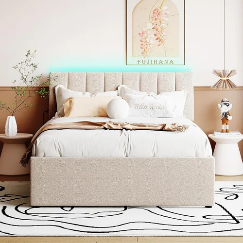 Miniatura 3 de Cama de plataforma tapizada de tamaño matrimonial con nido, cama con plataforma tapizada de vellón de peluche con soporte de listones de madera