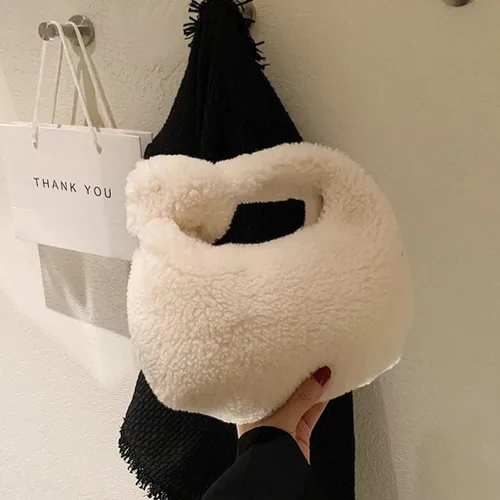 Miniatura 3 de VALICLUD Bolsa de felpa de invierno para dumpling de moda, bolsa de almacenamiento portátil, Blanco