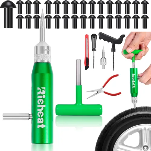 Miniatura 10 de Richcat Kit de reparación de pinchazos de neumáticos sin cámara con tapón de seta, repara pinchazos y neumáticos planos para motocicletas