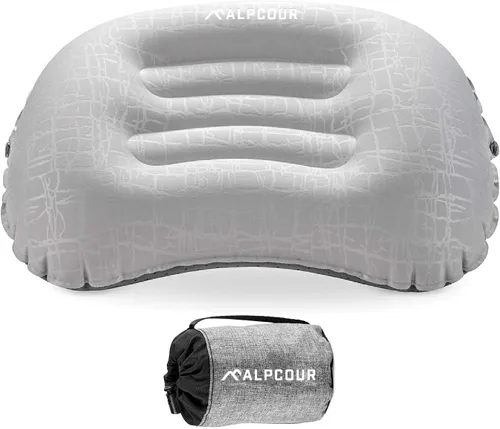 Alpcour Almohada de camping – Almohada de dormir grande, inflable, ultraligera con diseño fácil de inflar, funda exterior impermeable suave y funda
