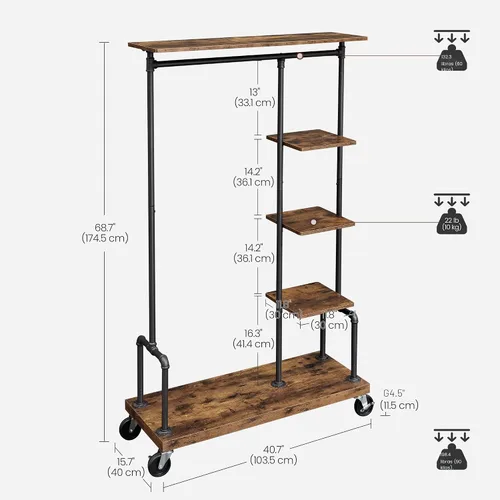 Miniatura 6 de VASAGLE UHSR66BX - Perchero para ropa con ruedas, organizador de ropa portátil con 5 niveles, estilo de tubería industrial, marrón rústico