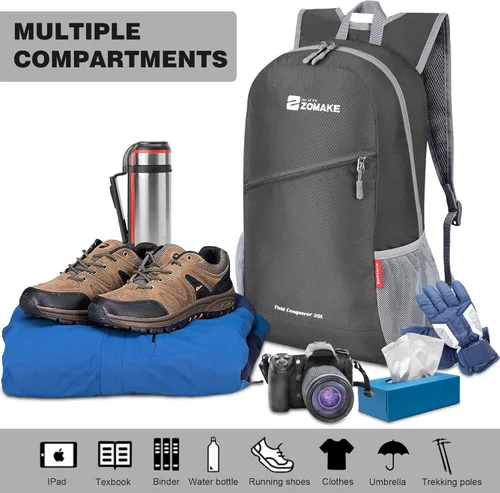 Miniatura 3 de ZOMAKE Mochila ligera y plegable, mochila pequeña para senderismo, resistente al agua, bolsa de día para viajes (gris medio)