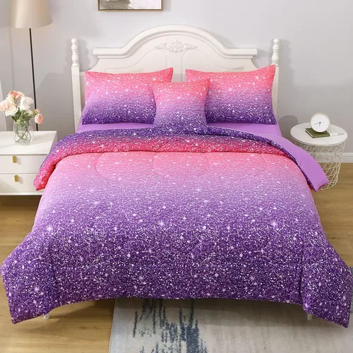 Miniatura 16 de JQinHome Juego de edredón con purpurina tamaño Queen, juego de ropa de cama de 6 piezas en una bolsa, colorido en 3D, rosa y azul, para niñas y Rosa