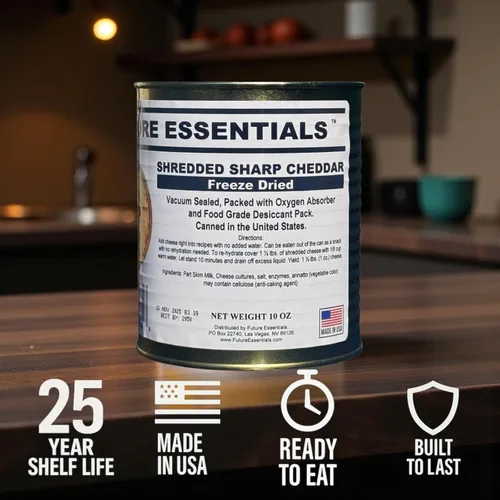 Miniatura 6 de Future Essentials Queso cheddar afilado liofilizado - Lata #2.5 - Suministro de alimentos de emergencia - Vida útil de 25 años - Fabricado
