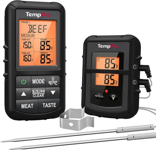 Termómetro de carne inalámbrico digital ThermoPro TP20B negro de 152.4 m con sonda doble, termómetro de carne para cocinar alimentos digital