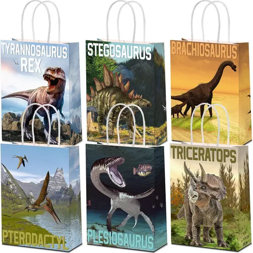 Pajean 24 bolsas de caramelos de dinosaurio con asa, bolsas de papel de recuerdo de fiesta de dinosaurios, regalos para niños, envoltura de