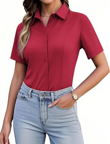 Miniatura 7 de Siliteelon Camisetas de Botón para Mujer, Ajustadas, de Manga Corta, Elásticas, Camisa de Vestir, Sin Arrugas, Sólida, Blusa de Trabajo
