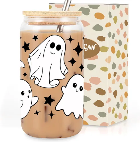 Coolife Taza fantasma de Halloween, vaso de vidrio de 16 onzas con tapas y pajitas, taza de café helado espeluznante para batidos, bonitos regalos