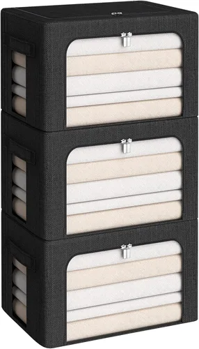 Miniatura 10 de CYhom Paquete de 3 contenedores plegables de almacenamiento - Caja de almacenamiento con marco de tela de lino apilable para ropa con ventana