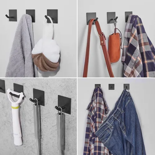 Miniatura 7 de FOMANSH Ganchos adhesivos resistentes, ganchos adhesivos para pegar en la pared, soporte fuerte de acero inoxidable, ganchos autoadhesivos para Negro