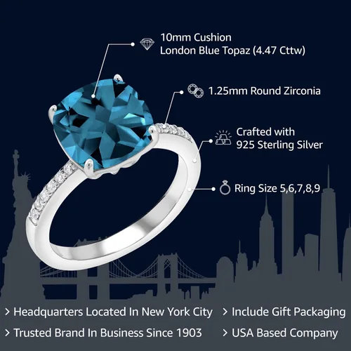 Miniatura 47 de Gem Stone King Anillo de compromiso de plata de ley 925 con piedra preciosa de corte cojín de 0.39 pulgadas Anillo de compromiso de aniversario