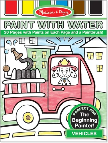 Melissa & Doug Pintar con agua - Vehículos, 20 páginas perforadas con paletas a prueba de derrames