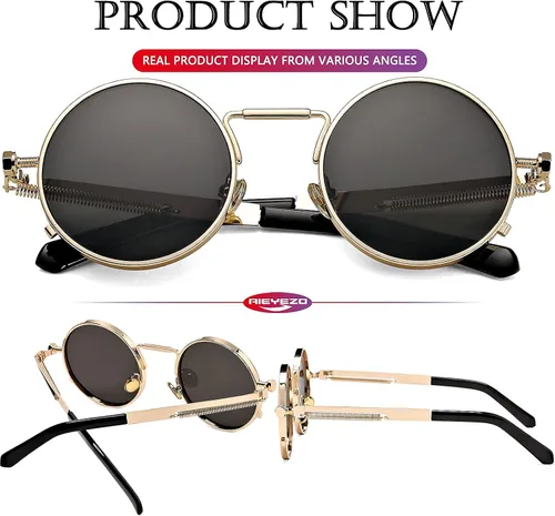 Miniatura 6 de AIEYEZO Gafas de sol redondas Steampunk con montura de metal gótico, 100% bloqueo UV