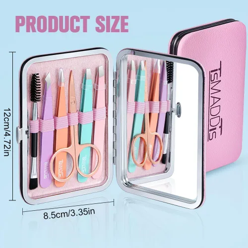 Miniatura 2 de TsMADDTs Pinzas para cabello facial para mujer, juego de pinzas de precisión con estuche de viaje, acero inoxidable con tijera, espejo