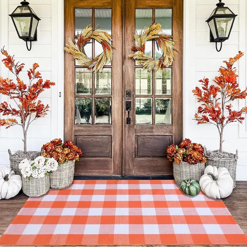 Miniatura 31 de Alfombra a Cuadros Naranja y Negra, 3 x 5 Pies, Alfombra Decorativa de Otoño para Puerta Delantera al Aire Libre, Alfombra de Algodón Lavable Tejida