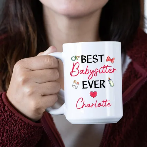 Miniatura 3 de Taza de café con el nombre de la niñera con la frase "Best Babysitter Ever", taza de café personalizada con nombre de niñera, regalo de niñera