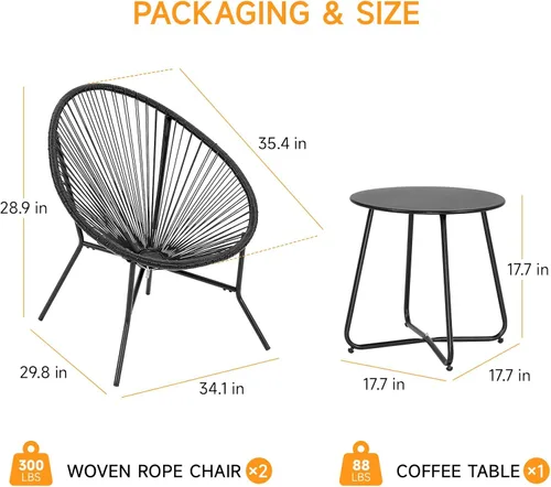 Miniatura 9 de ONBRILL Juego de 3 piezas para patio, sillas Acapulco para exteriores con mesa auxiliar, muebles de ratán PE para todo tipo de clima, para balcón