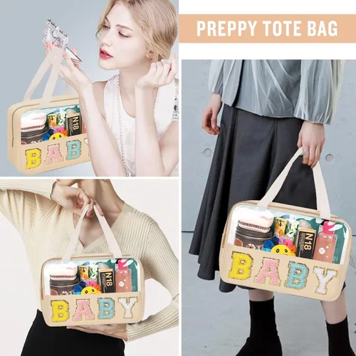 Miniatura 8 de izuzta Bolsas de maquillaje transparentes tipo tote con letras de chenilla, bolsa de maquillaje preppy con asa, Moda