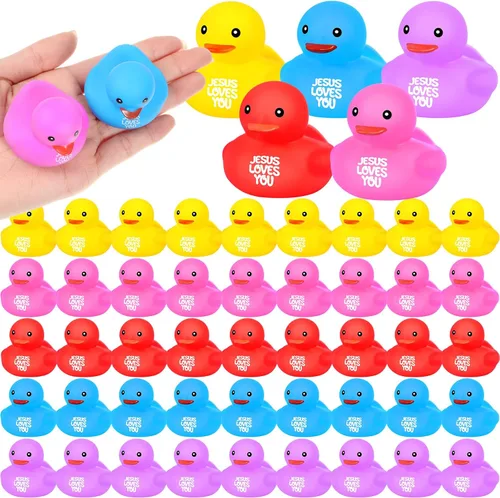 Miniatura 6 de Deekin 5 patos de goma de Jesus Loves You a granel, multicolor, para piscina, fiesta religiosa, regalos de cumpleaños, recompensa de iglesia