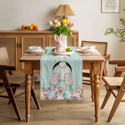 Miniatura 8 de Camino de Mesa de Algodón y Lino Happy Easter, Bufandas para Cómoda, Cola de Conejo, Huevo, Rústico, Granja, Madera, Antideslizante, Arpillera