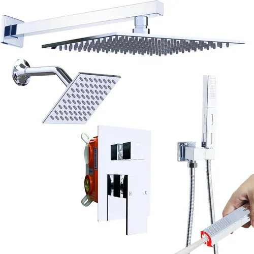 Miniatura 10 de Enga Sistema de ducha con chorros corporales de 12 pulgadas, ducha de lluvia montada en la pared y pulverizadores de mano de latón de cuerpo