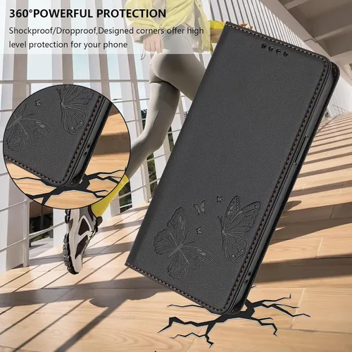 Miniatura 8 de Butterfly Embossed Leather Wallet Flip Case for Motorola Moto E22i 4G, Magnetic Closure, RFID Blocking Cover, Card Holder Black.