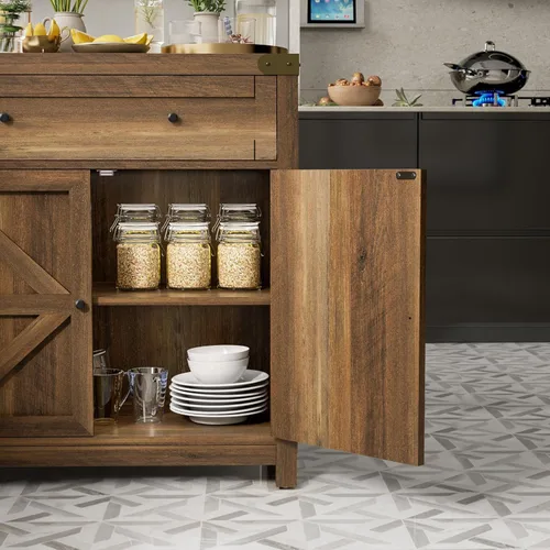 Miniatura 4 de JUMMICO Gabinete de barra de café, aparador de cocina de granja, gabinete de buffet con cajón y estante ajustable para puerta de granero de Marrón