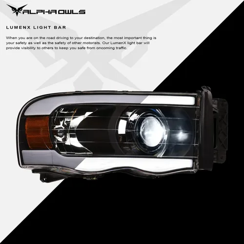 Miniatura 4 de Alpha Owls 8711156 Faros Delanteros de Proyector LED Completo con Barra de Luz LED Blanca - Negro Ámbar Compatible con 2002-2005 Dodge Ram