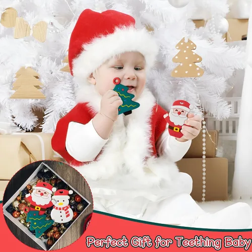 Miniatura 4 de 3 piezas de juguetes de dentición de silicona de Navidad para bebés, mordedores calmantes para la primera Navidad, diseño de muñeco de nieve suave